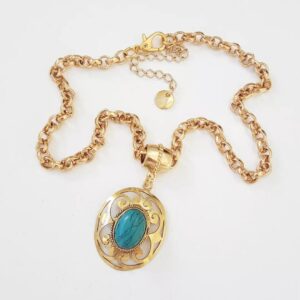 Colar Pedra Mineral Turquesa Elo Português-106 Banho Ouro
