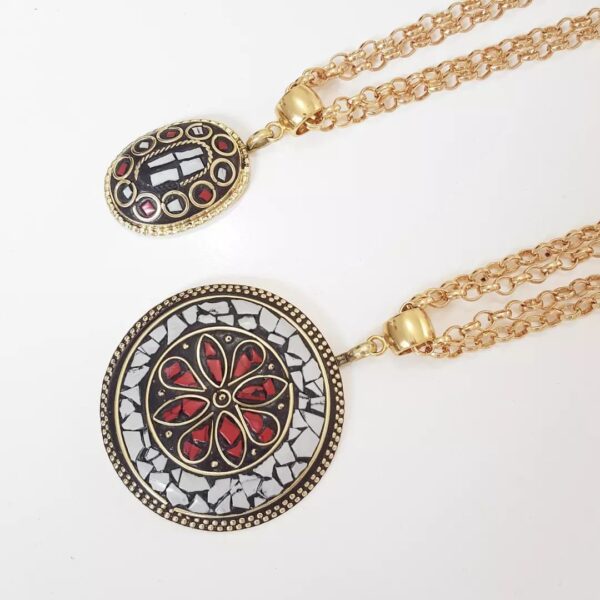 Conjunto 2 Colares Tibetanos Caquinho Branco e Vermelho Elo Português-130