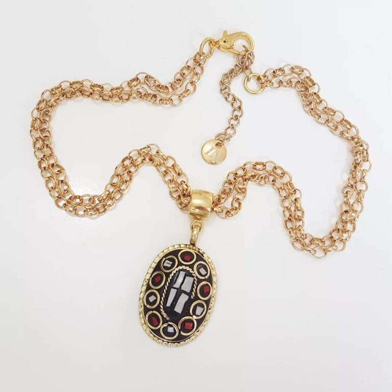 8950c Colar Tibetano Oval Pequeno Caquinho Cerâmica Branca e Vermelha