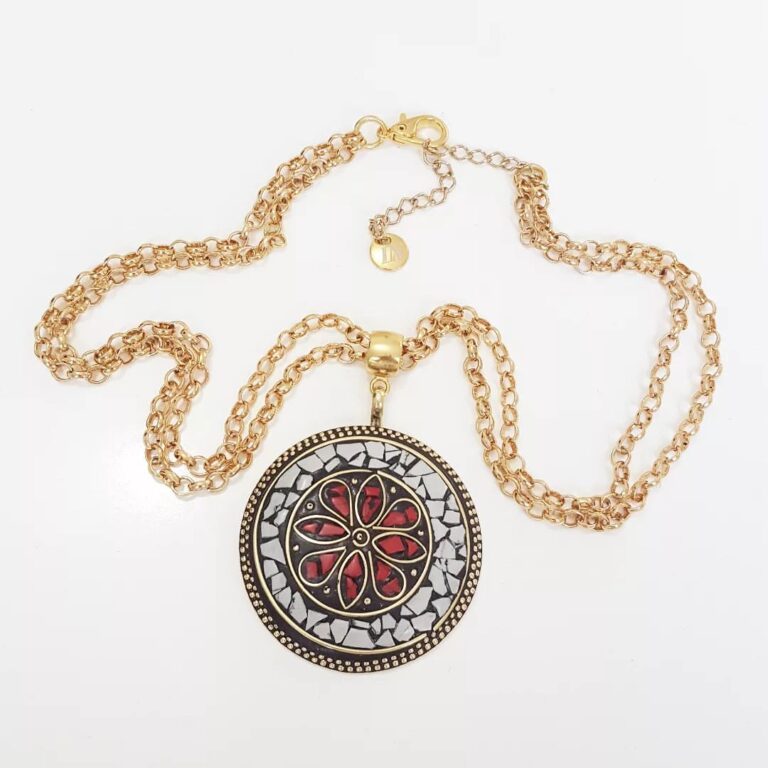 8950d Colar Tibetano Mandala Caquinho Cerâmica Branca e Vermelha