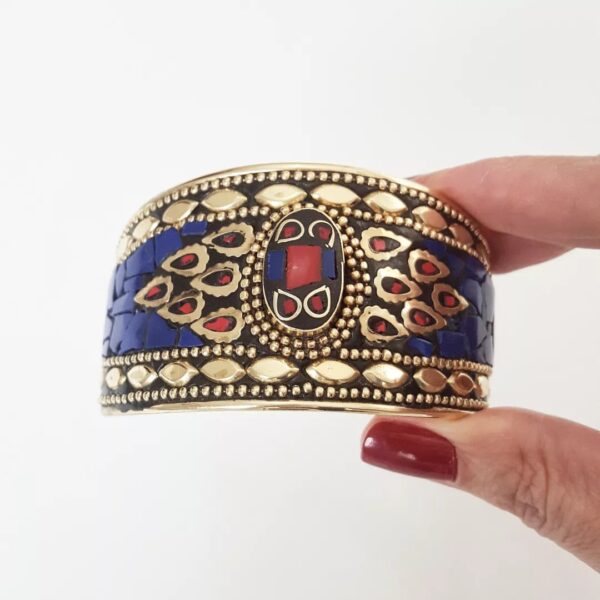 8951g Pulseira Tibetana Rígida Aberta Caquinho Cerâmica Azul e Vermelha