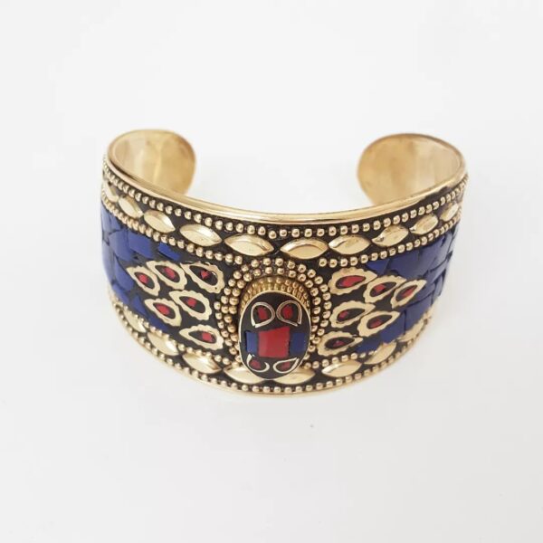 8951h Pulseira Tibetana Rígida Aberta Caquinho Cerâmica Azul e Vermelha