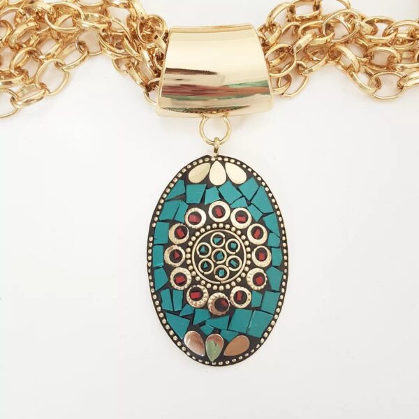 8952e Colar Tibetano Caquinho Cerâmica Verde e Vermelha 4 Voltas Corrente Banho Ouro