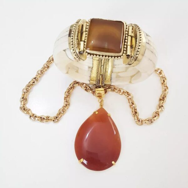 Conjunto Ágata Mel Pulseira Tibetana Osso + Colar Elo Português-106