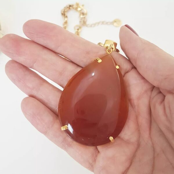 8953e Colar Pedra Mineral Ágata Mel Gota Elo Português-106 Banho Ouro