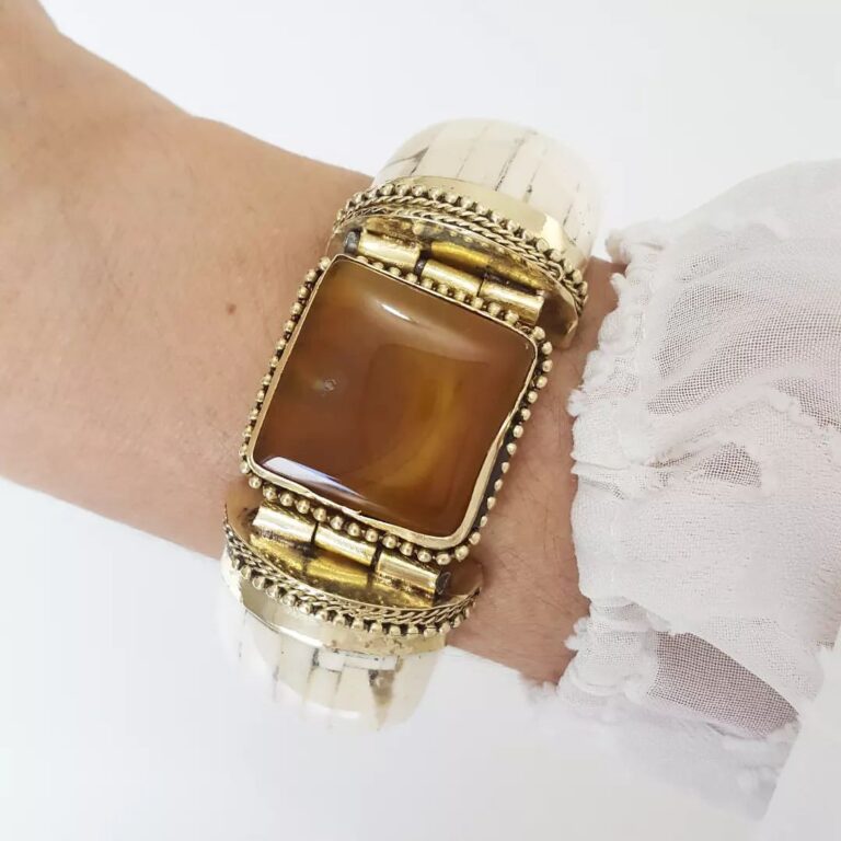 Pulseira Tibetana Osso Importada Grossa Pedra Mineral Ágata Mel