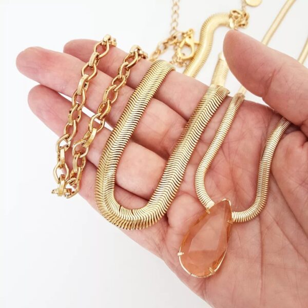 8955e Conjunto Sobreposição Combinada 2 Colares Elo Serpente Banho Ouro