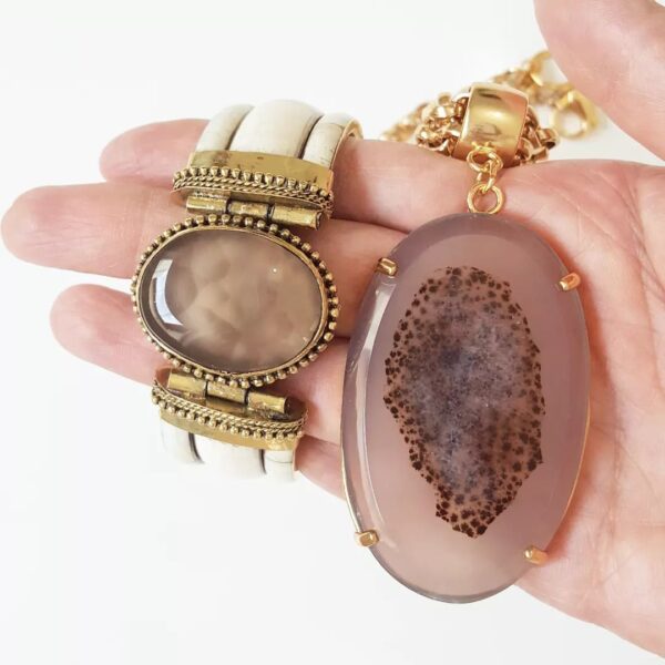 Conjunto Ágata Nude Pulseira Tibetana Osso + Colar Elo Português-106