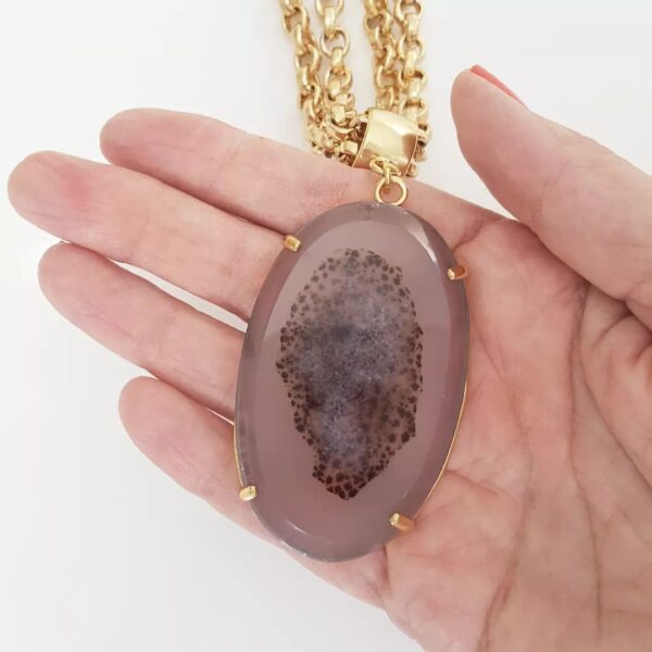 Colar Pedra Mineral Ágata Nude Oval Elo Português-106 Banho Ouro