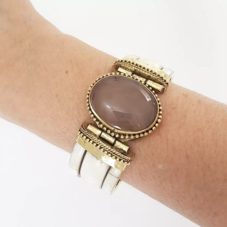Pulseira Tibetana Osso Importada Larga Pedra Mineral Ágata Nude
