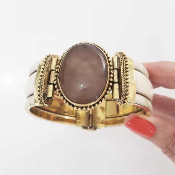 Pulseira Tibetana Osso Importada Larga Pedra Mineral Ágata Nude