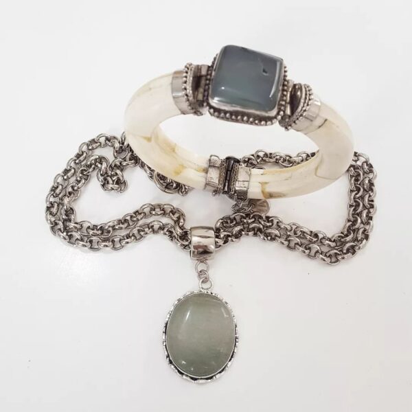 Conjunto Ágata Escura Pulseira Tibetana Osso + Colar Elo Português-106