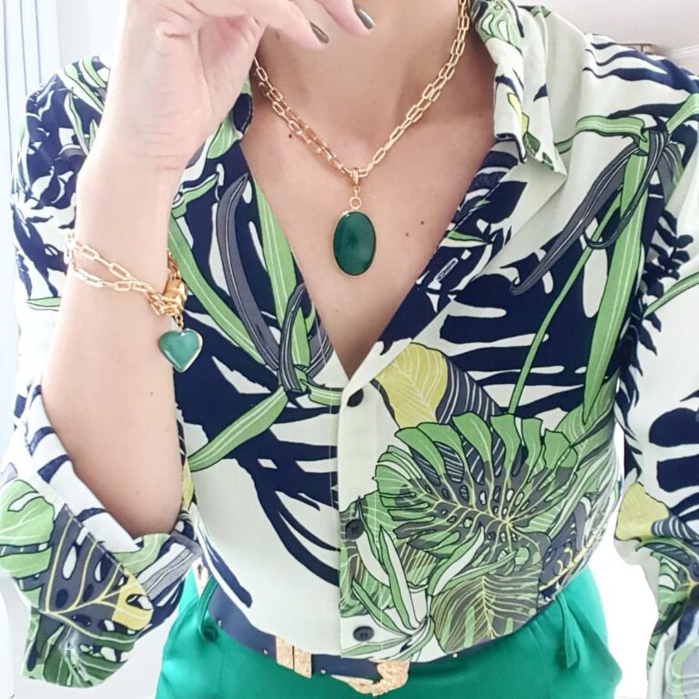 Conjunto Combinado Pulseira + Colar Pedra Ágata Verde Elo Oval-426 Banho Ouro