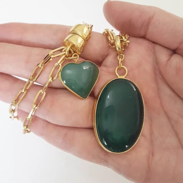 Conjunto Combinado Pulseira + Colar Pedra Ágata Verde Elo Oval-426 Banho Ouro