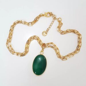 Colar Pedra Mineral Ágata Verde 2 Voltas Elo Oval-426 Banho Ouro