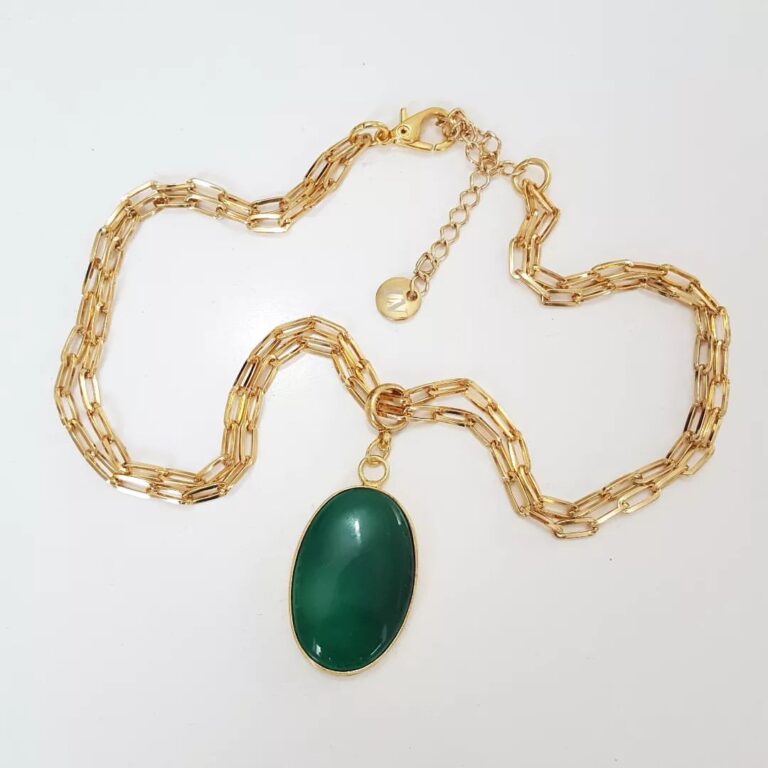 Colar Pedra Mineral Ágata Verde 2 Voltas Elo Oval-426 Banho Ouro