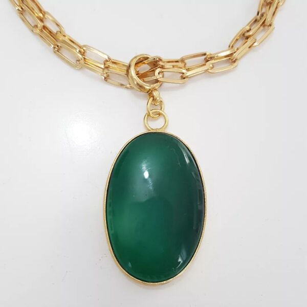 Conjunto Combinado Pulseira + Colar Pedra Ágata Verde Elo Oval-426 Banho Ouro