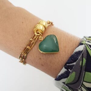 Pulseira Pedra Mineral Ágata Verde 2 Voltas Elo Oval-426 Banho Ouro