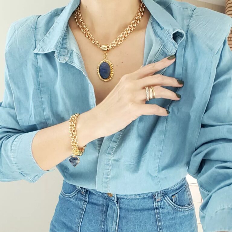Conjunto Combinado Pulseira + Colar Pedra Sodalita Azul Elo Português-106