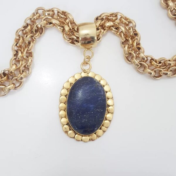 Colar Pedra Mineral Sodalita Azul 2 Voltas Elo Português-106 Banho Ouro