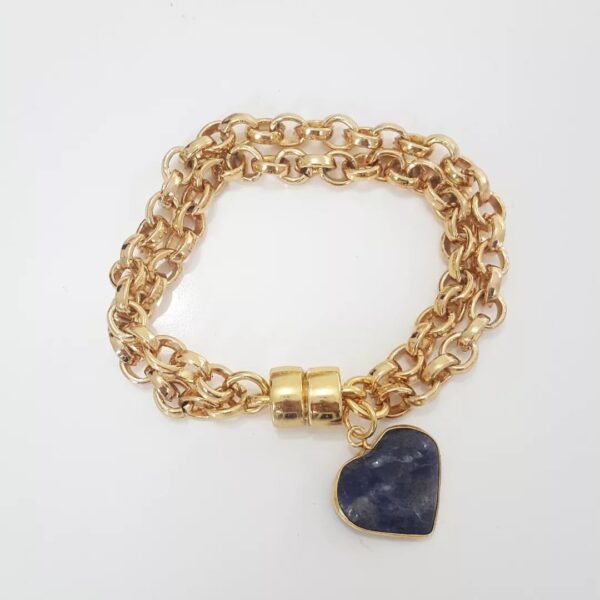 Pulseira Pedra Mineral Sodalita Azul 2 Voltas Elo Português-106 Banho Ouro