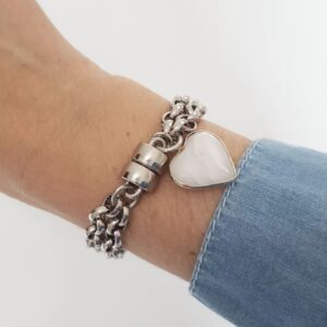 Pulseira Pedra Mineral Quartzo Branco Banho Prateado Elo Português-106