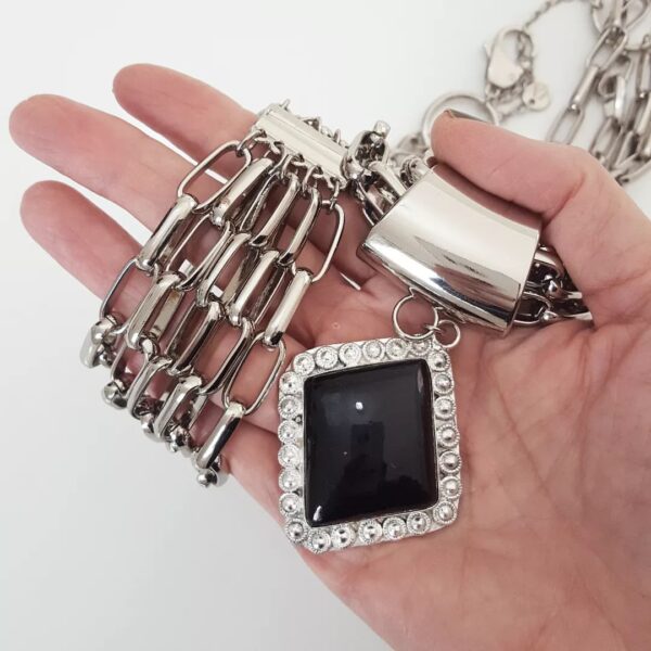 Conjunto Colar Ágata Preta + Pulseira 5 Voltas Banho Prateado Elo Retangular-24