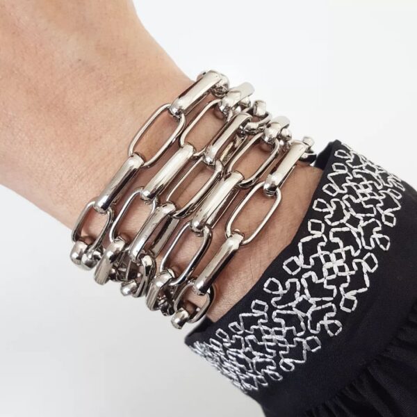 Conjunto Colar Ágata Preta + Pulseira 5 Voltas Banho Prateado Elo Retangular-24