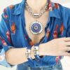 Pulseira Tibetana Rígidas Fechada Azul Detalhe Prateado