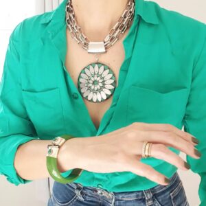 Conjunto Tibetano Prateado Pulseira + Colar Caquinho Cerâmica Verde