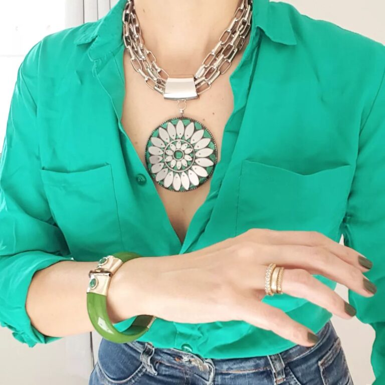 Conjunto Tibetano Prateado Pulseira + Colar Caquinho Cerâmica Verde