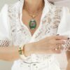 Conjunto Tibetano Dourado Pulseira Banhada + Colar Caquinho Cerâmica Verde