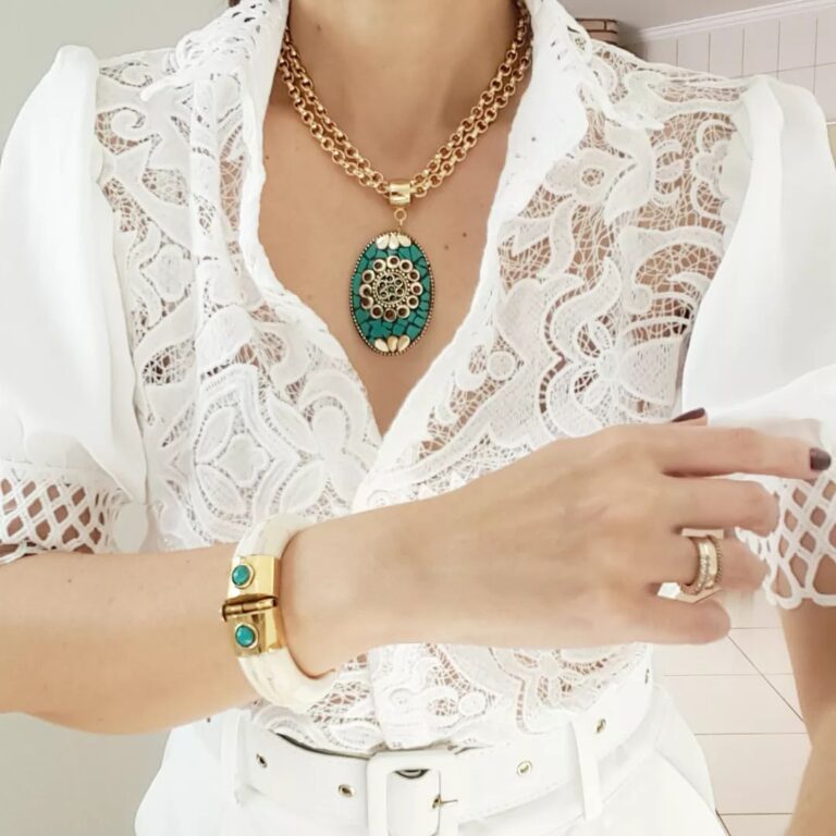 Conjunto Tibetano Dourado Pulseira Banhada + Colar Caquinho Cerâmica Verde
