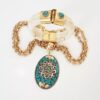 Conjunto Tibetano Dourado Pulseira Banhada + Colar Caquinho Cerâmica Verde