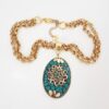Conjunto Tibetano Dourado Pulseira Banhada + Colar Caquinho Cerâmica Verde