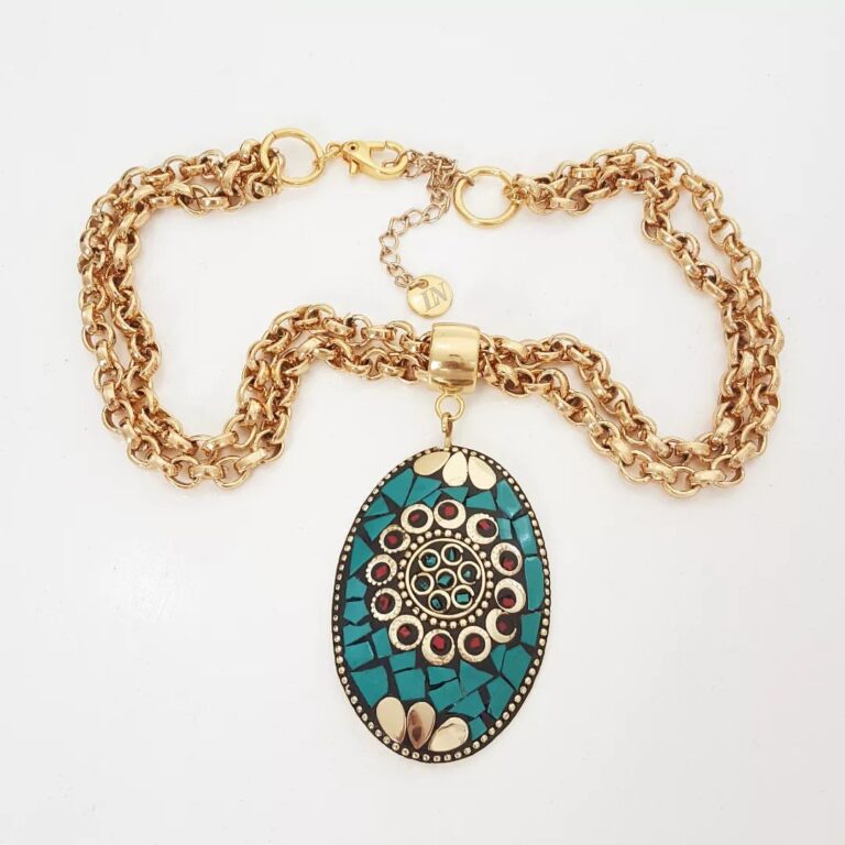 Colar Tibetano Dourado Oval Caquinho Cerâmica Verde Elo Português-106