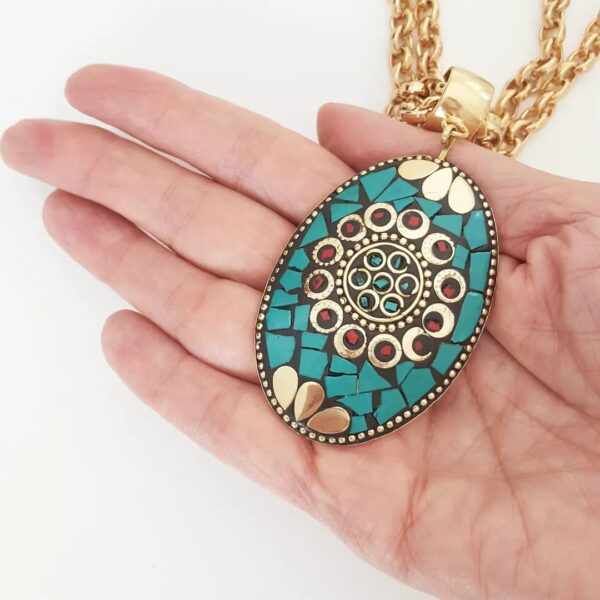 Colar Tibetano Dourado Oval Caquinho Cerâmica Verde Elo Português-106