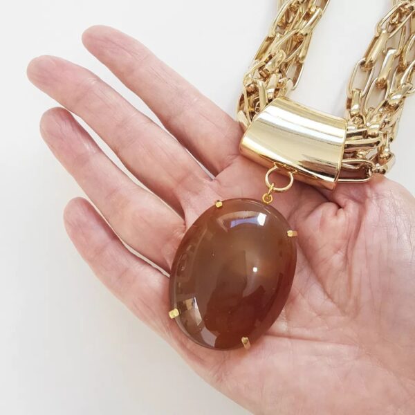 Colar Pedra Mineral Ágata Creme Brilho 4 Voltas Elo Retangular-24 Banho Ouro