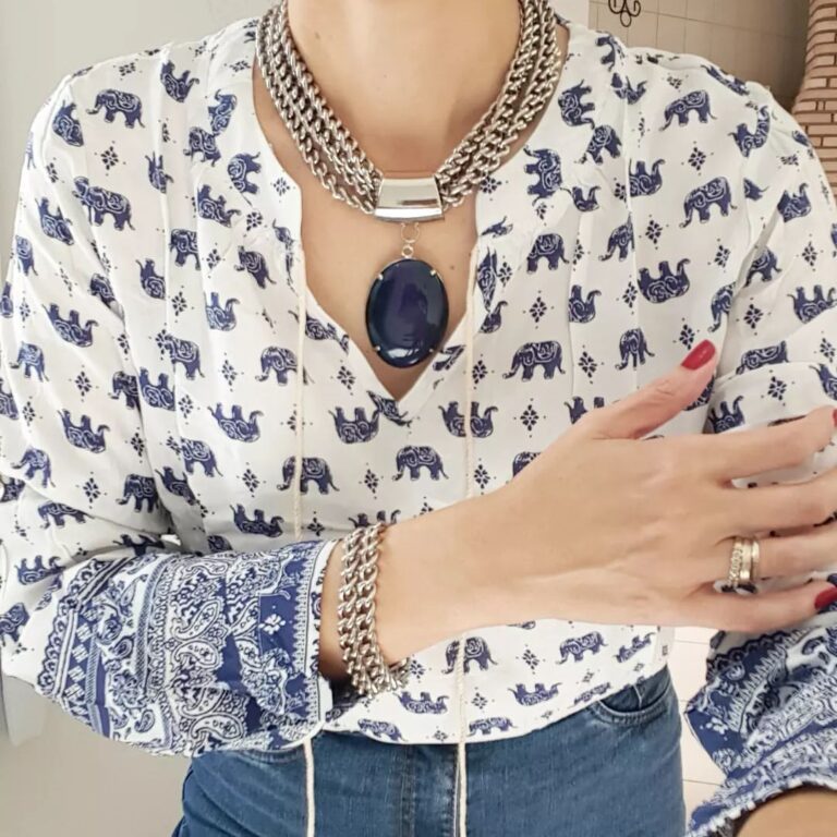 Conjunto Combinado Pulseira + Colar Pedra Ágata Azul Elo Grumet-98