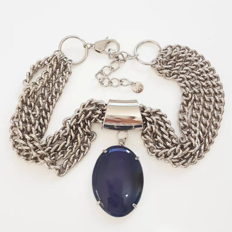 Colar Pedra Mineral Ágata Oval Azul 4 Voltas Elo Grumet-98 Banho Prateado