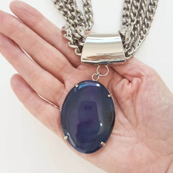 Colar Pedra Mineral Ágata Oval Azul 4 Voltas Elo Grumet-98 Banho Prateado