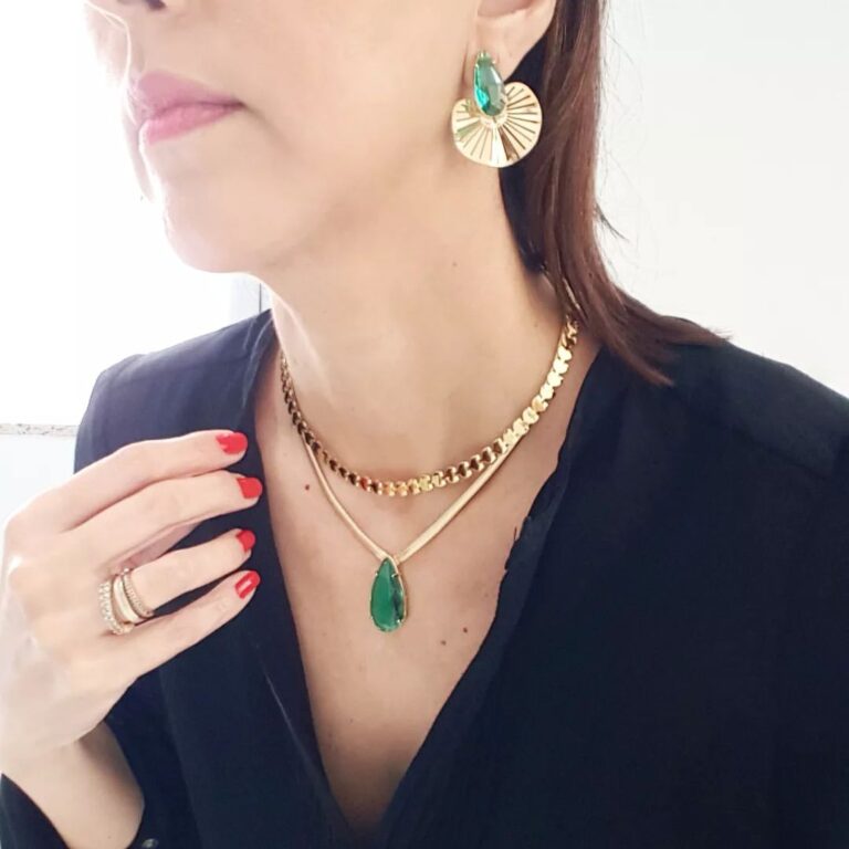 Conjunto Combinado Pedra Verde Esmeralda Banho Ouro 2 Colares + Brinco