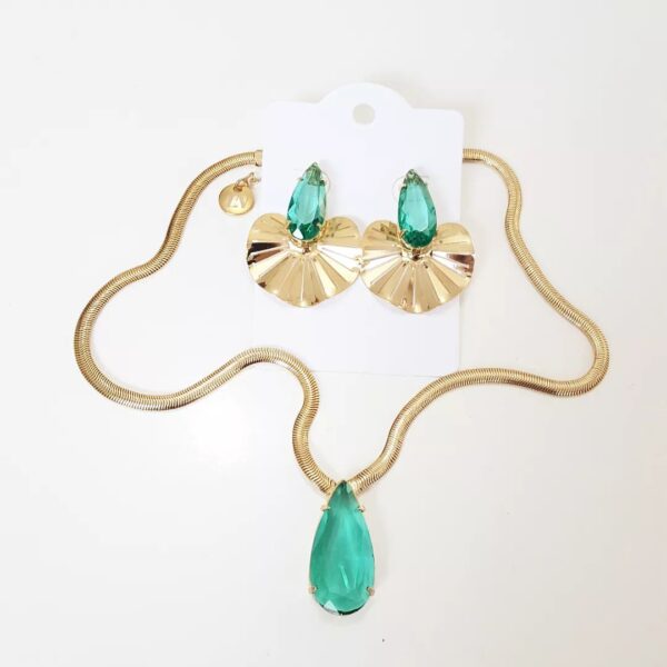 8980c Conjunto Combinado Pedra Verde Esmeralda Banho Ouro 2 Colares + Brinco