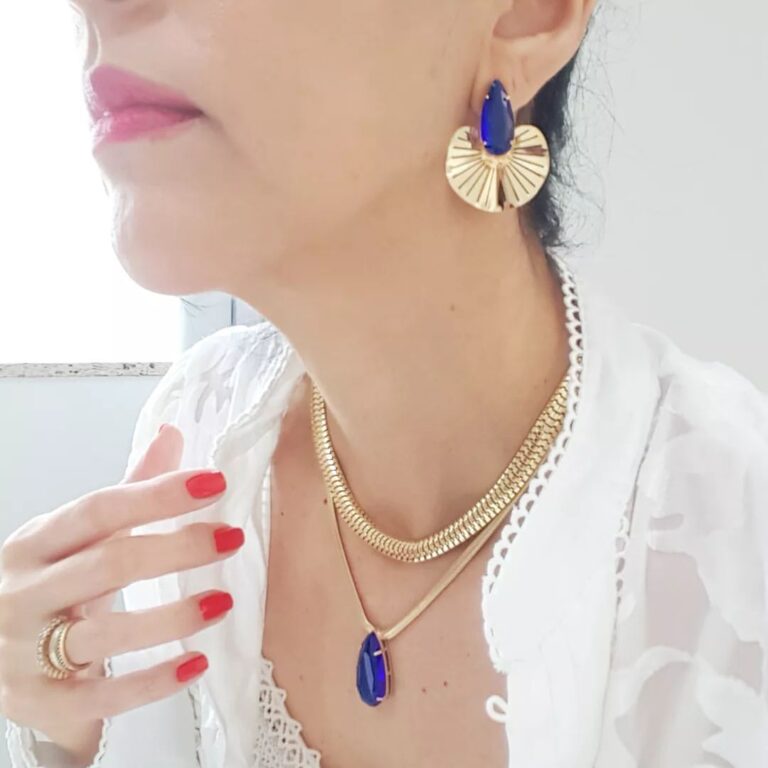 Conjunto Combinado Pedra Azul Safira Banho Ouro 2 Colares + Brincos