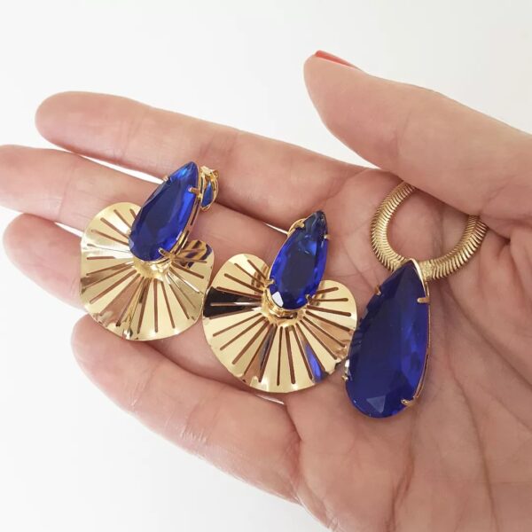 Conjunto Combinado Pedra Azul Safira Banho Ouro 2 Colares + Brincos