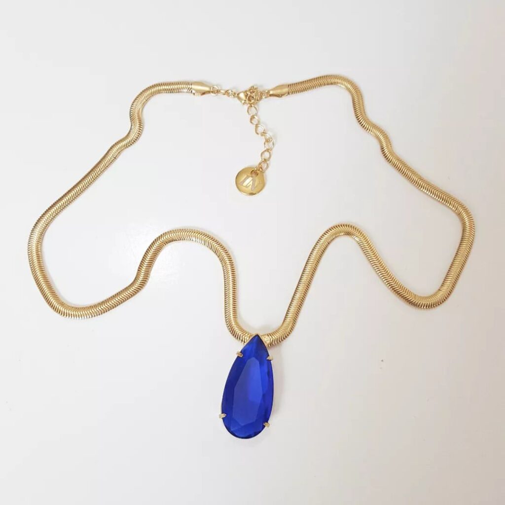 Colar Gota Azul Safira com Elo Serpente Fino e Banho Ouro
