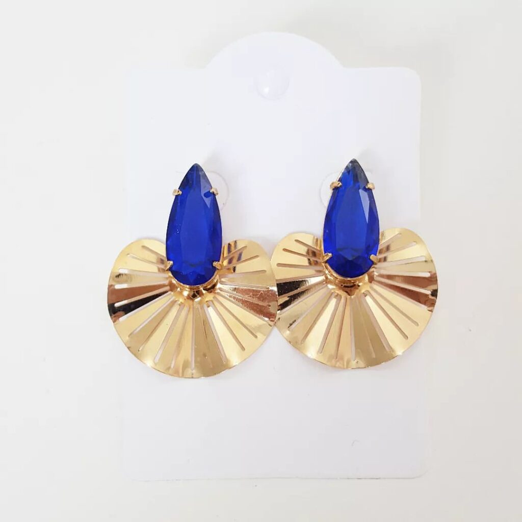 Brincos Leque Banho Ouro com Gota Lapidada Azul Safira