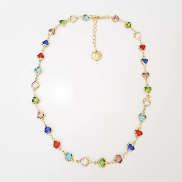 Colar Choker Elo Corações Pedrinhas Coloridas Banho Ouro