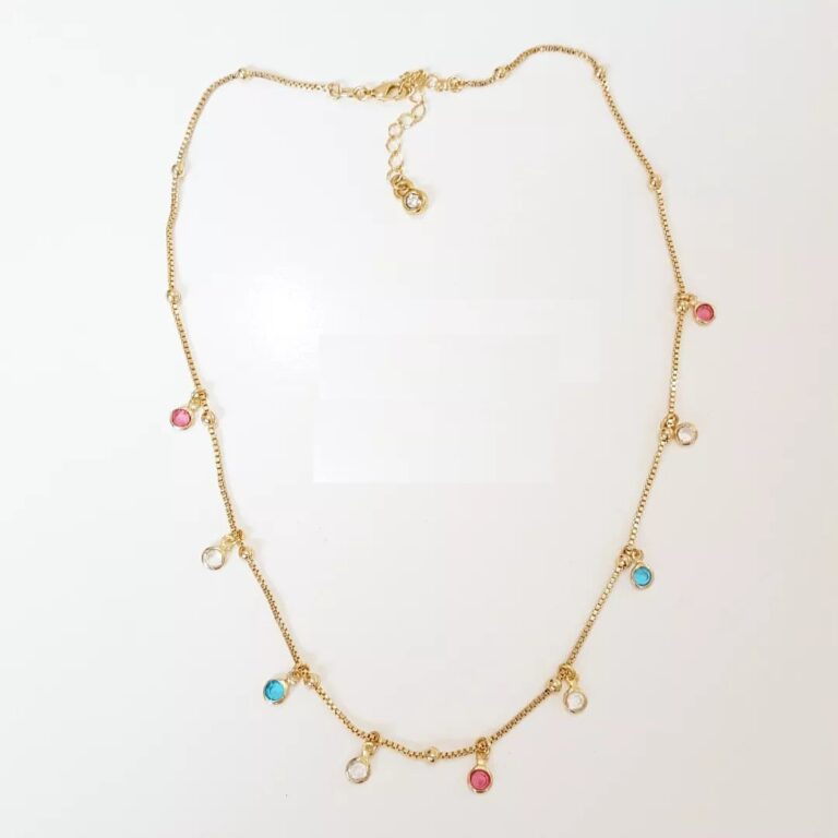 Colar Choker Elo Veneziana Pingentes Pontos de Luz Coloridos Banho Ouro