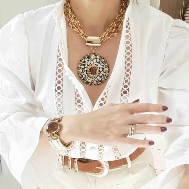 Conjunto Tibetano Pulseira Osso + Colar Tibetano Caquinho Cerâmica Branca